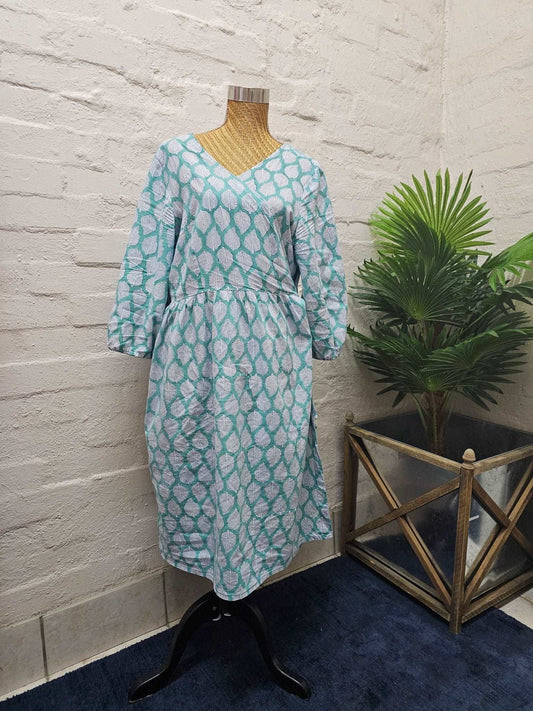 Versatile cotton wrap dress with pockets - Aqua Leaf - Emma Hobson Designs