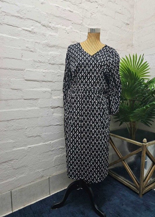 Versatile Cotton Wrap Dress with Pockets - Black & Ecru - Emma Hobson Designs