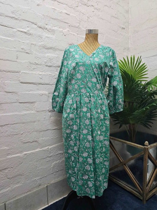 Versatile Cotton Wrap Dress with Pockets - Jade Green - Emma Hobson Designs