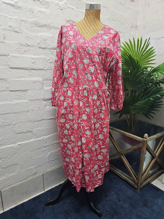 Versatile Cotton Wrap Dress with Pockets - Rose Red - Emma Hobson Designs