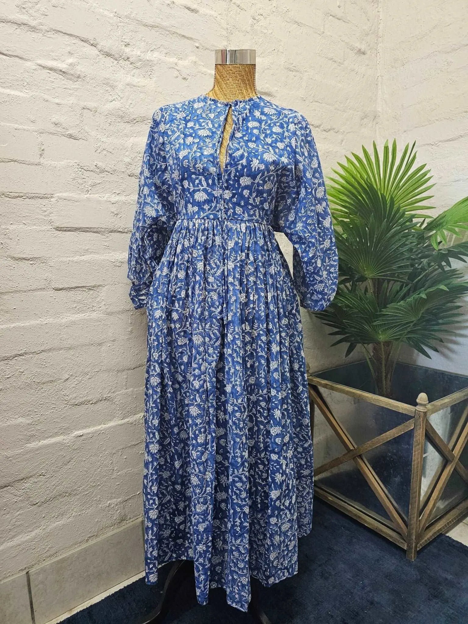 Long Floaty Blue White Floral Cotton Dress Emma Hobson Designs