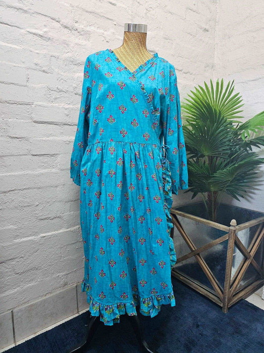 Versatile Cotton Wrap Dress with Pockets -Bright Blue Butti - Emma Hobson Designs