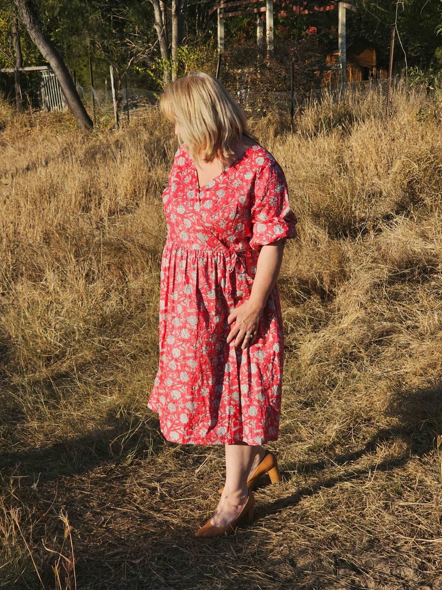 Versatile Cotton Wrap Dress with Pockets - Rose Red - Emma Hobson Designs