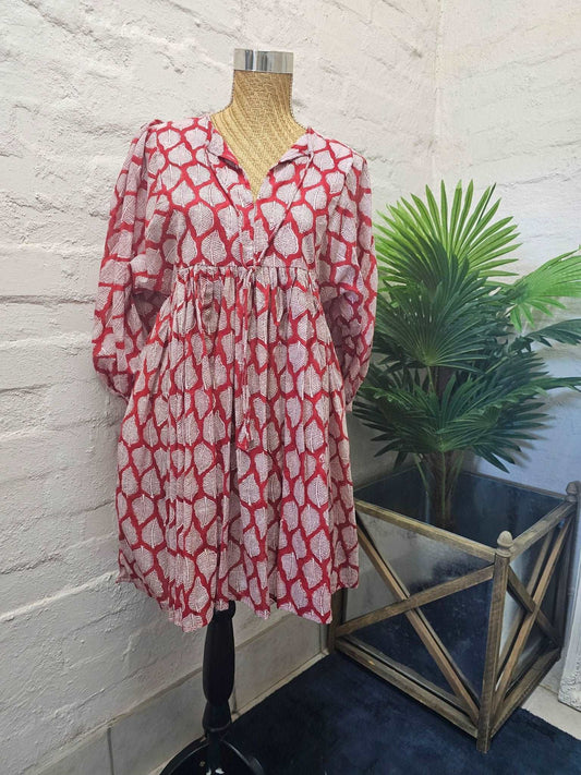 Short Floaty Red Leaf Handblock Print Cotton Dresses - Emma Hobson Designs