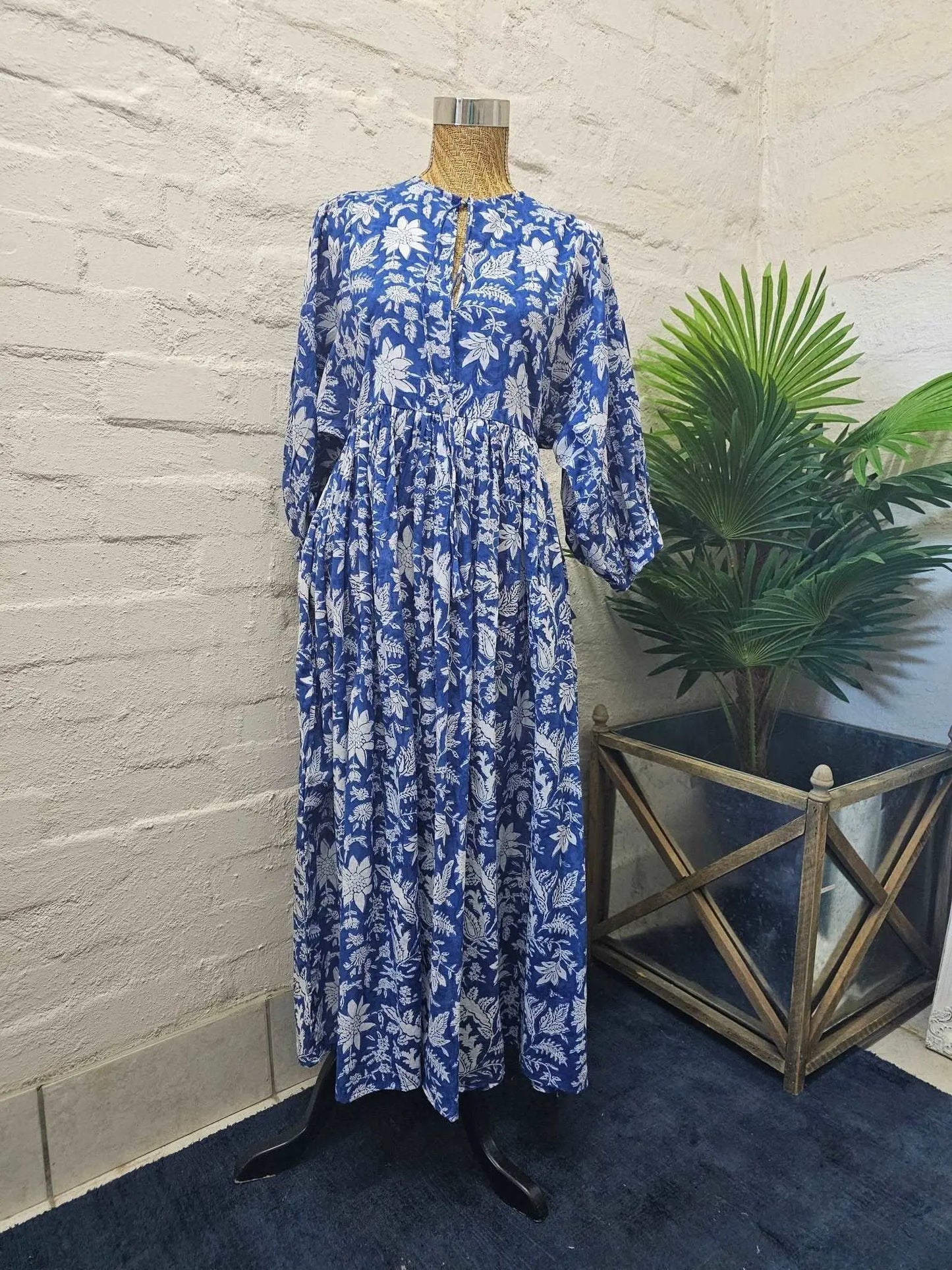 Long Floaty Blue with White print Cotton Dress - Emma Hobson Designs