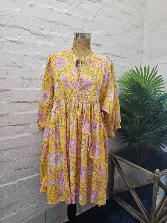 Short Floaty Handblock Yellow & Pink Handblock Cotton Dress - Emma Hobson Designs